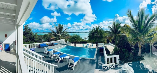 Relax by the ocean with a serene view from this pool surrounded by lush greenery and palm trees.