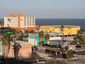 A coastal cityscape with a prominent hotel, a colorful building labeled "PALACE," and a red bus at a street intersection. - Sands of time,VIEW 180°, PEACEFUL,360° VIDEO,WIFI, CABLE,ROKU,DVDS, FALL CHEAPER (Corpus Christi)
