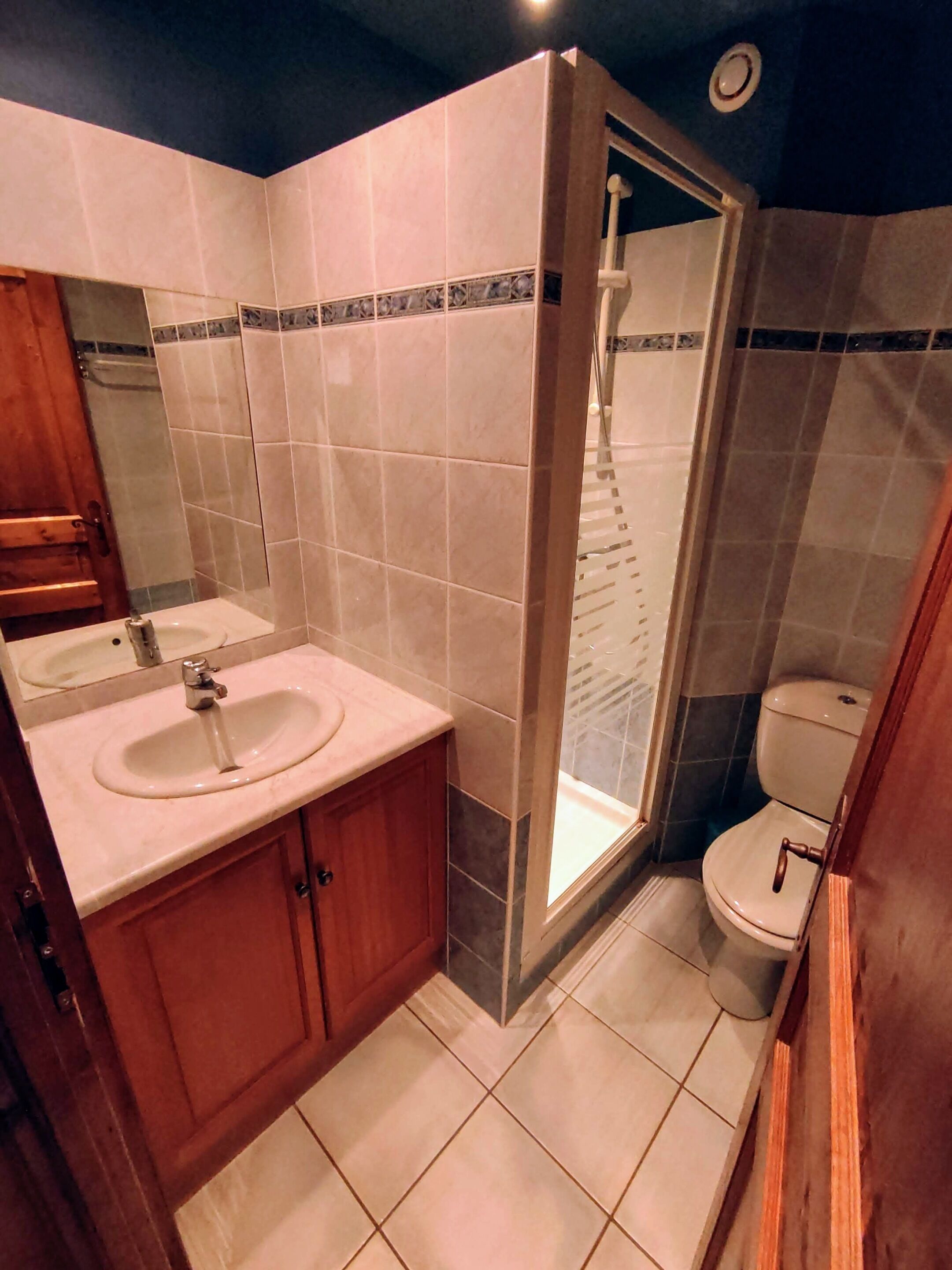 Shower, hair dryer, soap, toilet paper