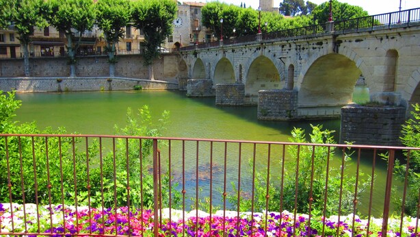 A stone bridge with arches over a body of water, surrounded by greenery and buildings.