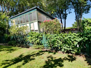 A conservatory with a green frame, surrounded by lush greenery and flowering plants. - Charming air-conditioned cottage "the cabin" and its private and independent garden (Sommières)