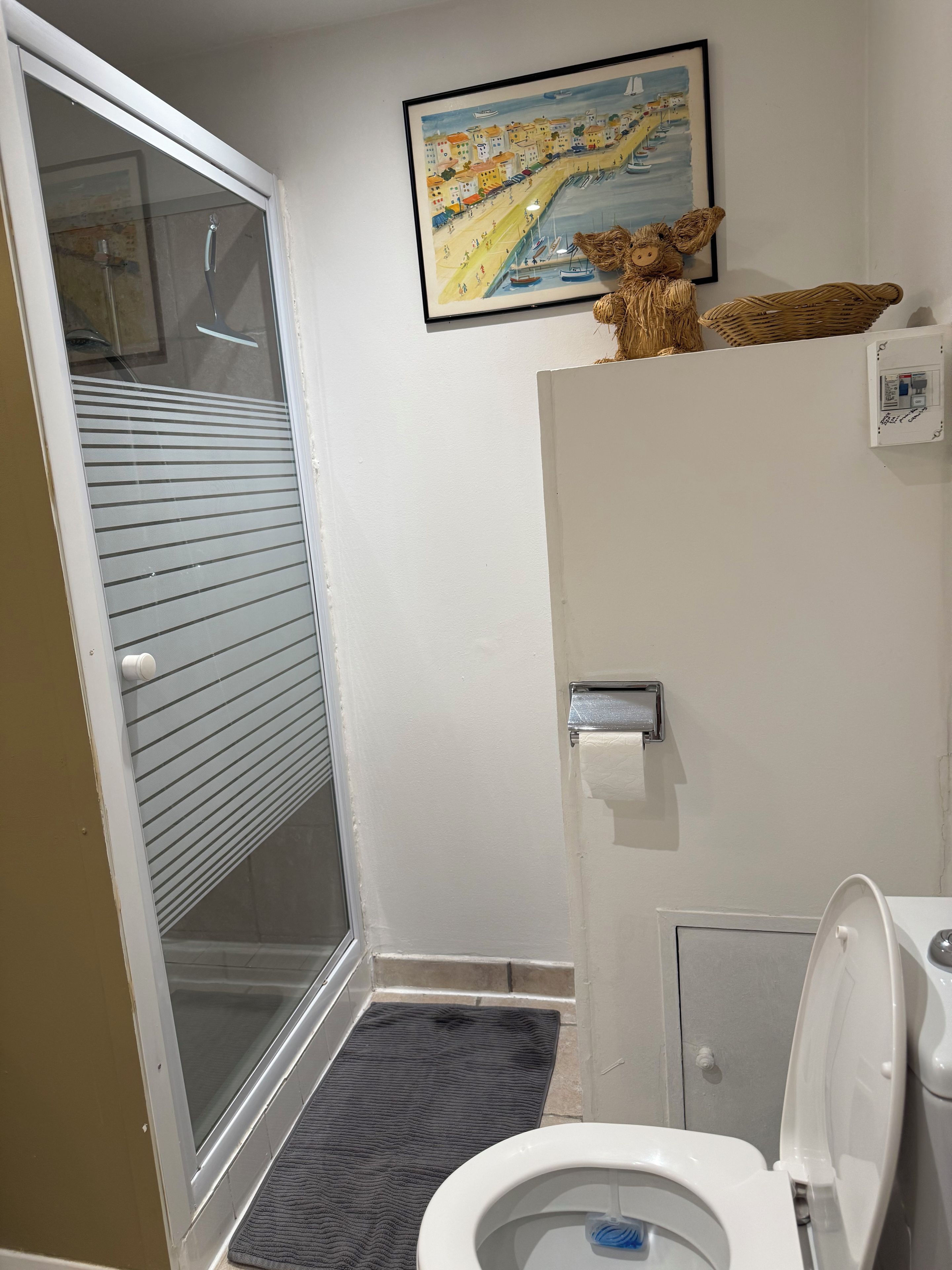 A bathroom with a toilet, a shower, a framed painting, and a decorative basket.