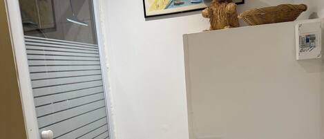 A bathroom with a toilet, a shower, a framed painting, and a decorative basket.