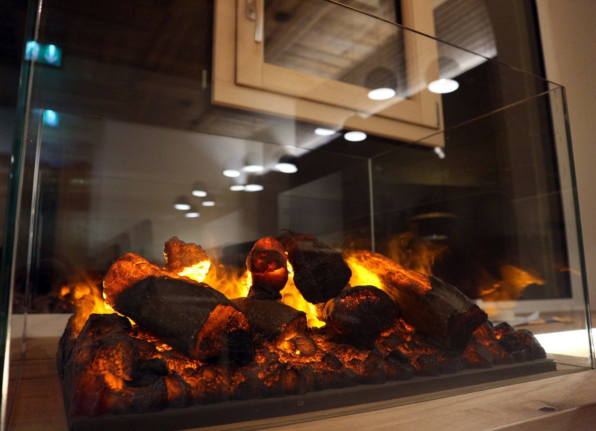 A glass enclosure with burning wood, likely a fireplace, in a room with visible ceiling lights and a framed picture on the wall.