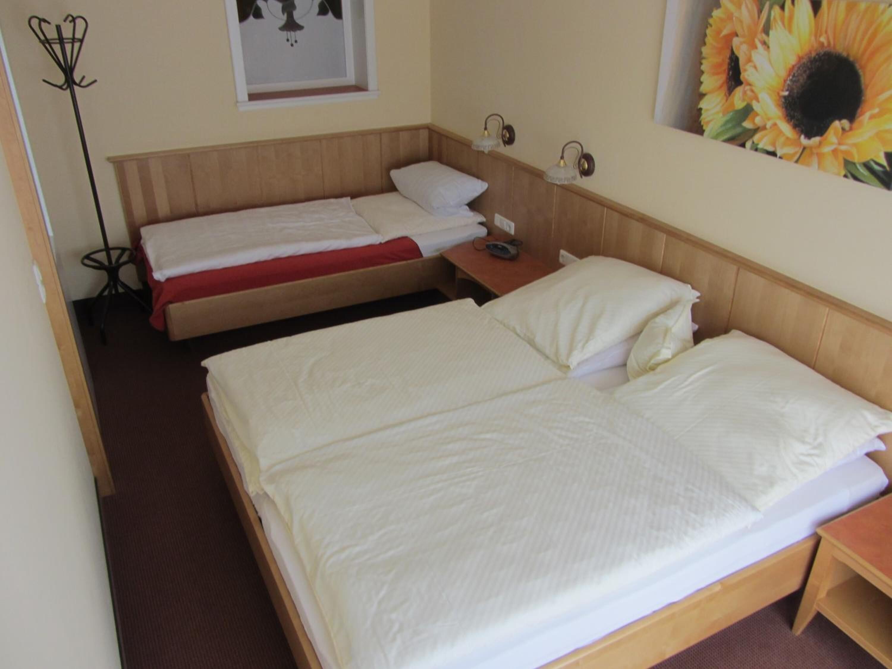 A hotel room with two single beds, a wooden headboard, a bedside table with a lamp, and a wall-mounted picture.