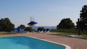 Seasonal outdoor pool, pool umbrellas, pool loungers