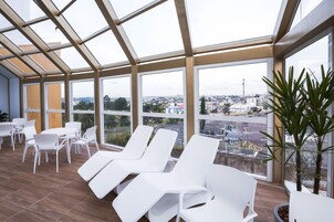 Indoor pool, open 8:00 AM to 10:00 PM, sun loungers