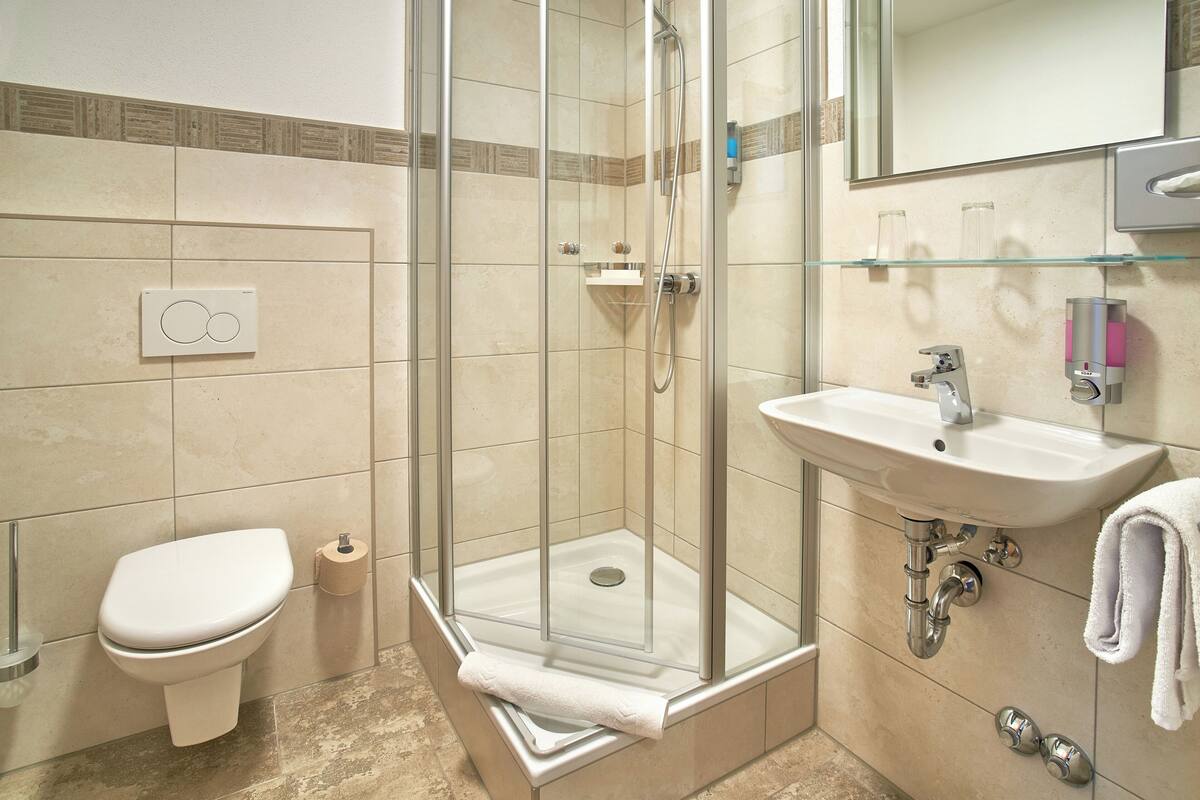 comfort double room (theresia) | bathroom | shower, free toiletries, hair dryer, towels