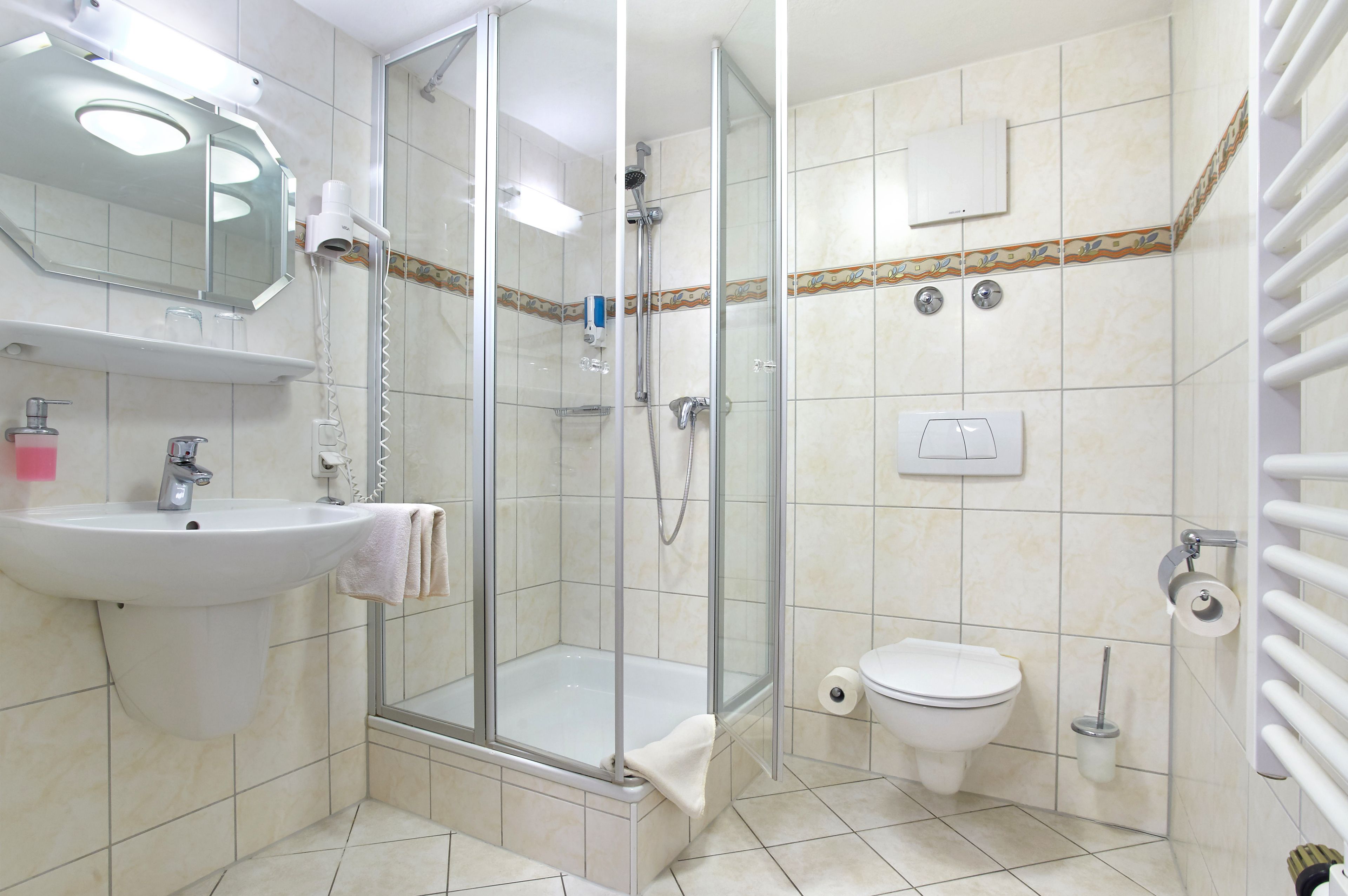 shower, free toiletries, hair dryer, towels