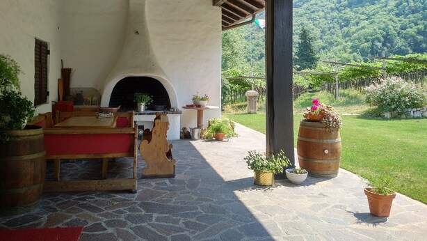 A covered outdoor seating area with a stone floor, a fireplace, and potted plants. - Vallarom (Avio)