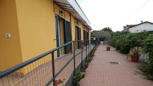 Un bâtiment jaune avec un chemin en briques, une clôture en métal et des plantes en pot.