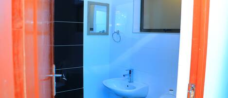 A bathroom with a sink, toilet, and mirror.