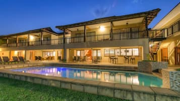 Outdoor pool, pool umbrellas, pool loungers