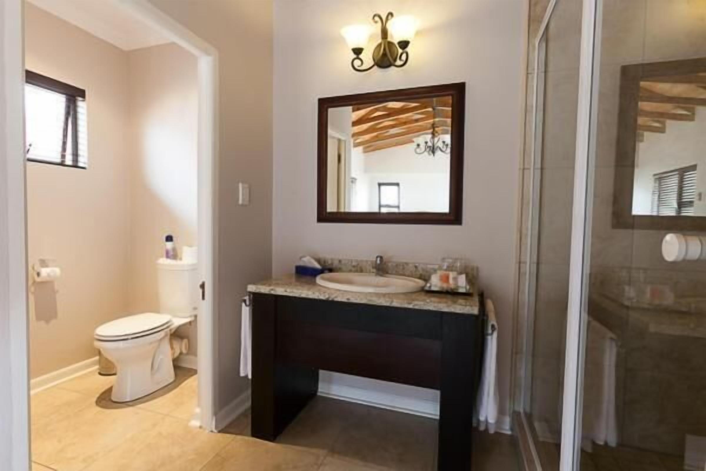 A bathroom with a toilet, sink, and mirror.