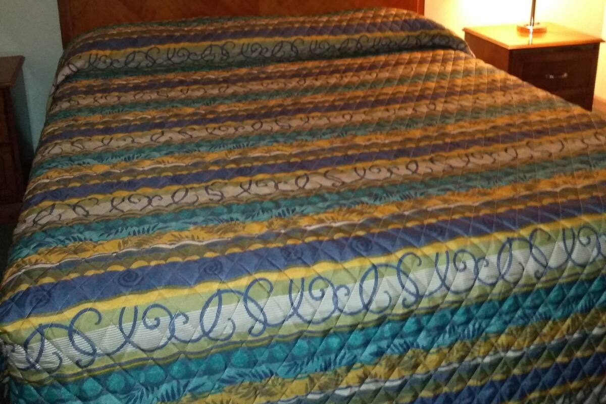 Ein Bett mit gemustertem Überwurf, ein Holz-Kopfteil, ein Nachttisch mit Lampe und zwei gerahmte Bilder an der Wand.
