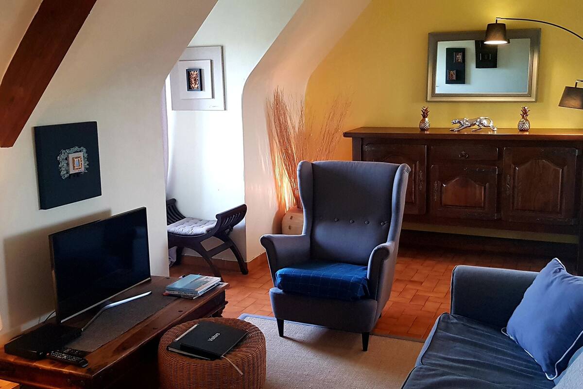 Un saló acollidor amb televisió, un butac armchair còmode, un sofà i un moble de prestatgeries de fusta.