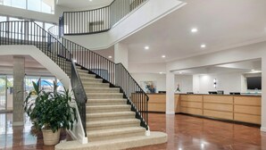 Un hall d’entrée spacieux avec un escalier en colimaçon, un comptoir d’accueil et une grande plante en pot.