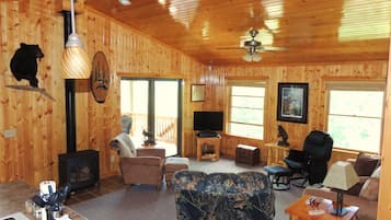 Smart TV, fireplace, DVD player, books