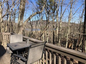 An outdoor deck with a table and chairs, overlooking a forested area and a body of water.