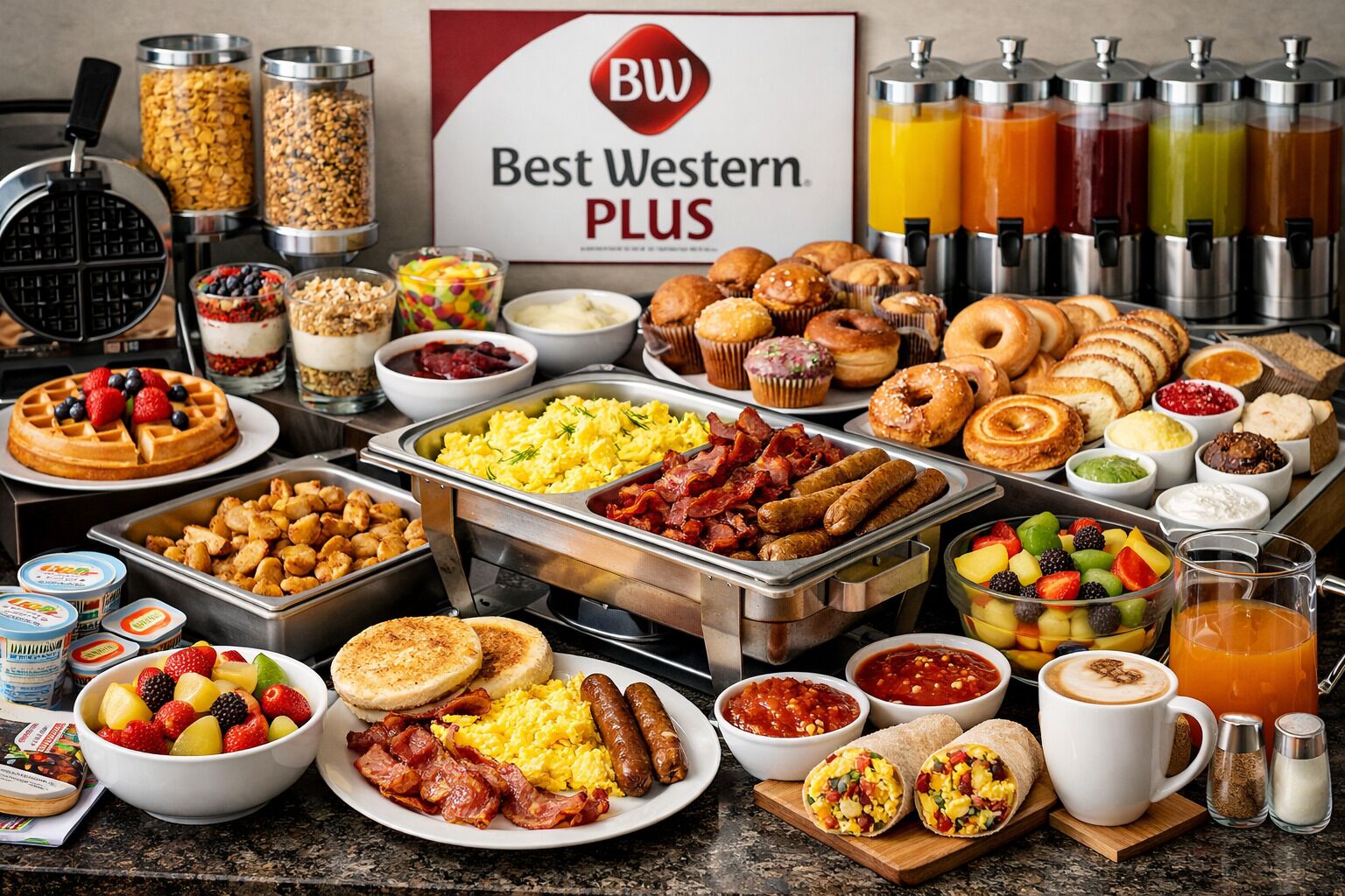 Buffet com diversas opções de café da manhã, incluindo waffles, ovos mexidos, salsichas e doces.