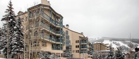 Un immeuble à plusieurs étages doté de balcons, entouré d’arbres couverts de neige et surplombant un ciel dégagé.