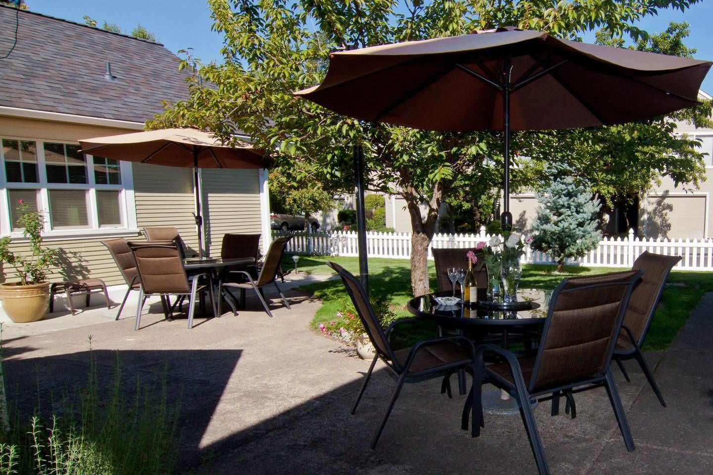 An outdoor patio with a table and chairs, a large umbrella, and a potted plant.