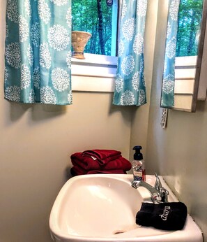 Tina con regadera, secadora de cabello, toallas, jabón 