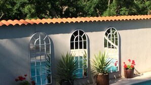 Une piscine dont le bord est revêtu de carreaux, trois fenêtres en arc surmontées de grilles métalliques et des plantes en pot ornées de fleurs rouges.