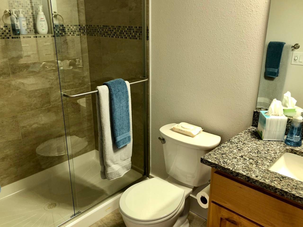 A bathroom with a glass-enclosed shower, a toilet, and a granite countertop with toiletries.