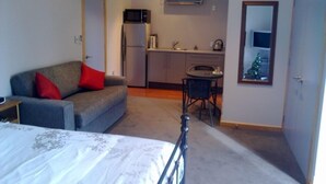 A compact living space with a bed, a grey sofa with red cushions, a kitchenette with a microwave and refrigerator, a small dining table, and a mirror reflecting a Christmas tree. - Luxury Self Contained Unit,Wide Views (Portage)