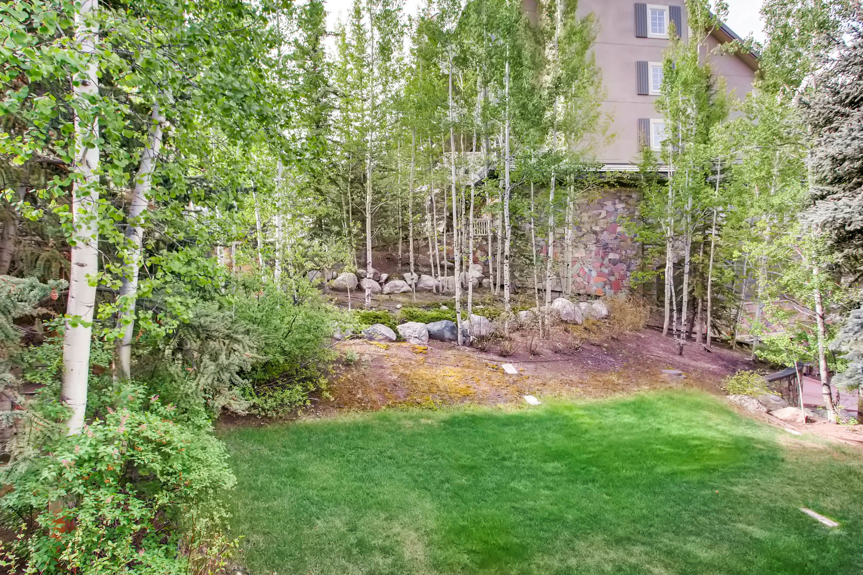 A landscaped garden with a lawn, trees, and a stone wall.