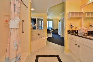 Combined shower/bathtub, jetted bath, hair dryer, towels - Ocean Walk 1301 Ocean Frt 2-2 with 3 Balconies! Great Views! Local Owner (Daytona Beach)