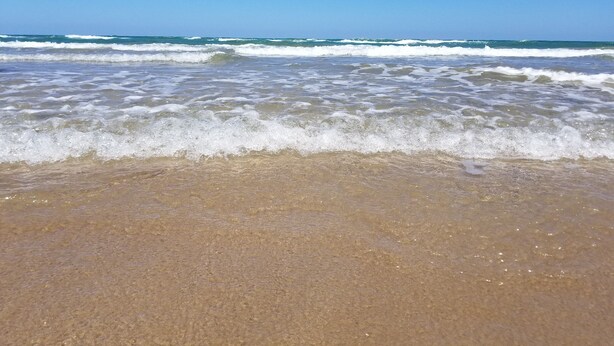 Una spiaggia con le onde che lambiscono dolcemente la riva.