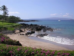 On the beach, sun-loungers, beach towels