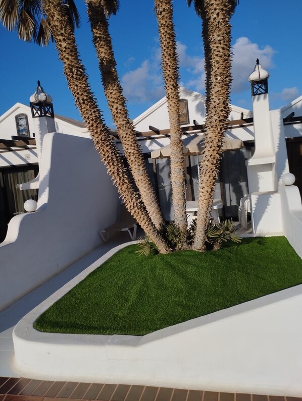 Un edifici modern amb façana blanca, palmeres i un petit jardí verd artificial.