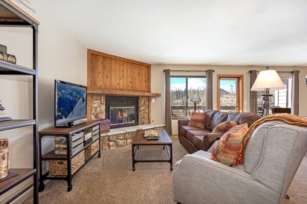 Televisión, chimenea, reproductor de DVD y estéreo