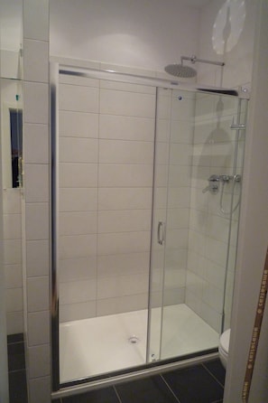 Combined shower/tub, hair dryer, towels, soap