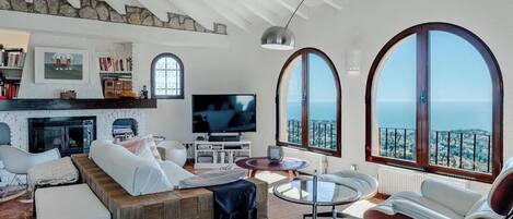 TV connectée, cheminée, lecteur de DVD, livres