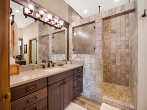 Combined shower/tub, jetted tub, hair dryer, towels