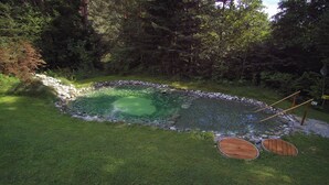 A small, circular pond with a stone edge, surrounded by a grassy area and dense trees. - Quietly located, luxurious 4-stars-country house with private pool (Schiefling am See)