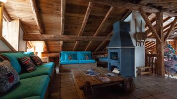 Télévision, cheminée, lecteur de DVD, vidéothÚque