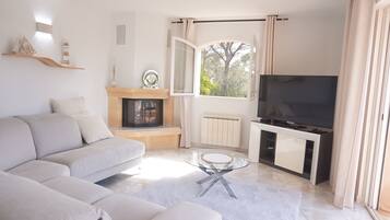 Télévision, cheminée, table de tennis de table