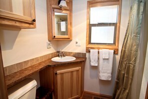 Shower, free toiletries, hair dryer, towels