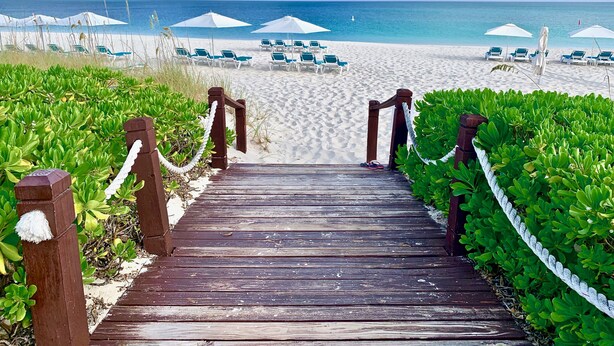 Un sentier en bois mène à une plage où se trouvent des parasols blancs et des chaises longues bleues.