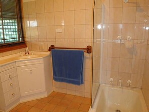 Hair dryer, towels, soap, shampoo