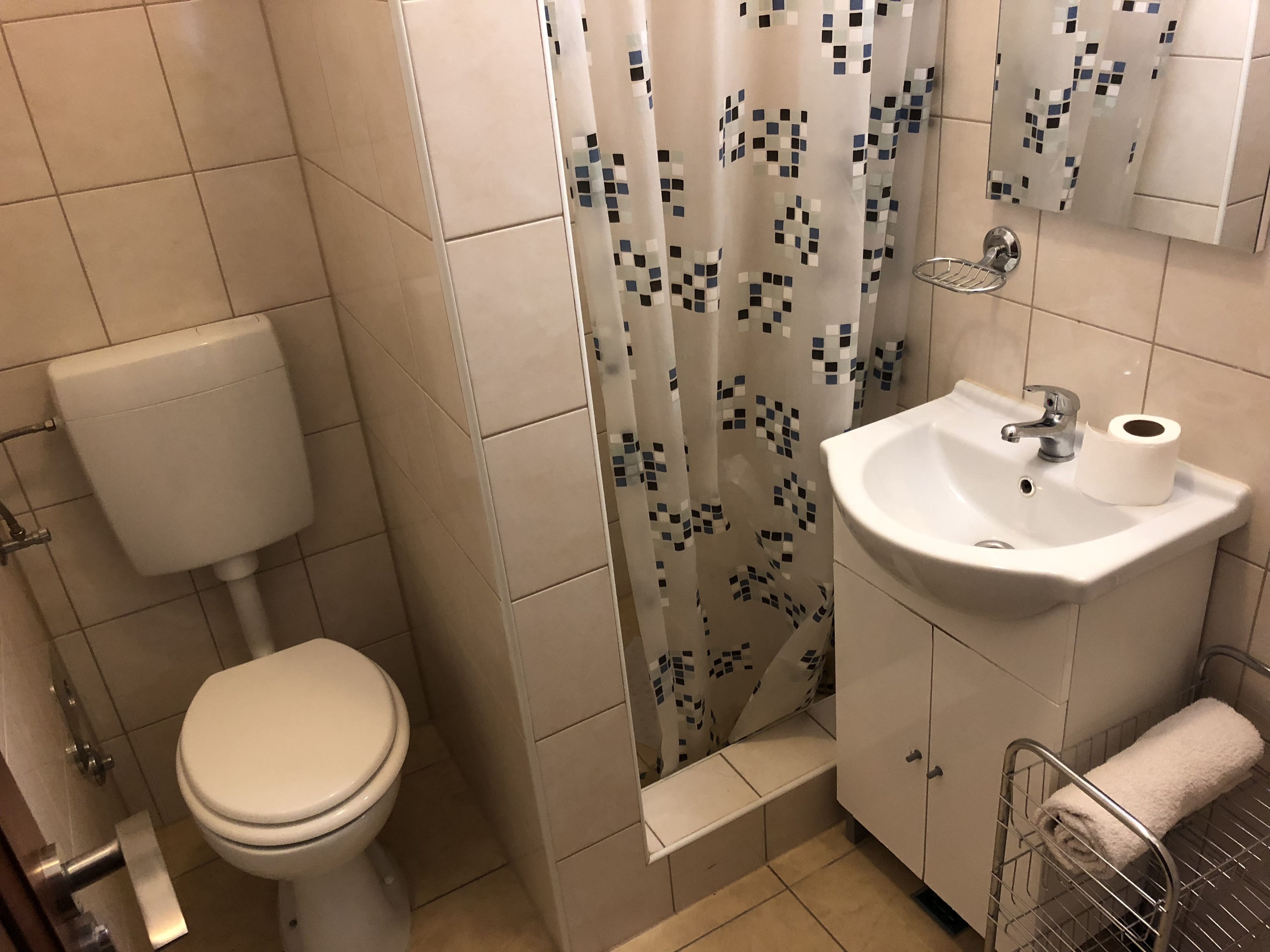 A bathroom with a toilet, a sink, and a shower curtain.