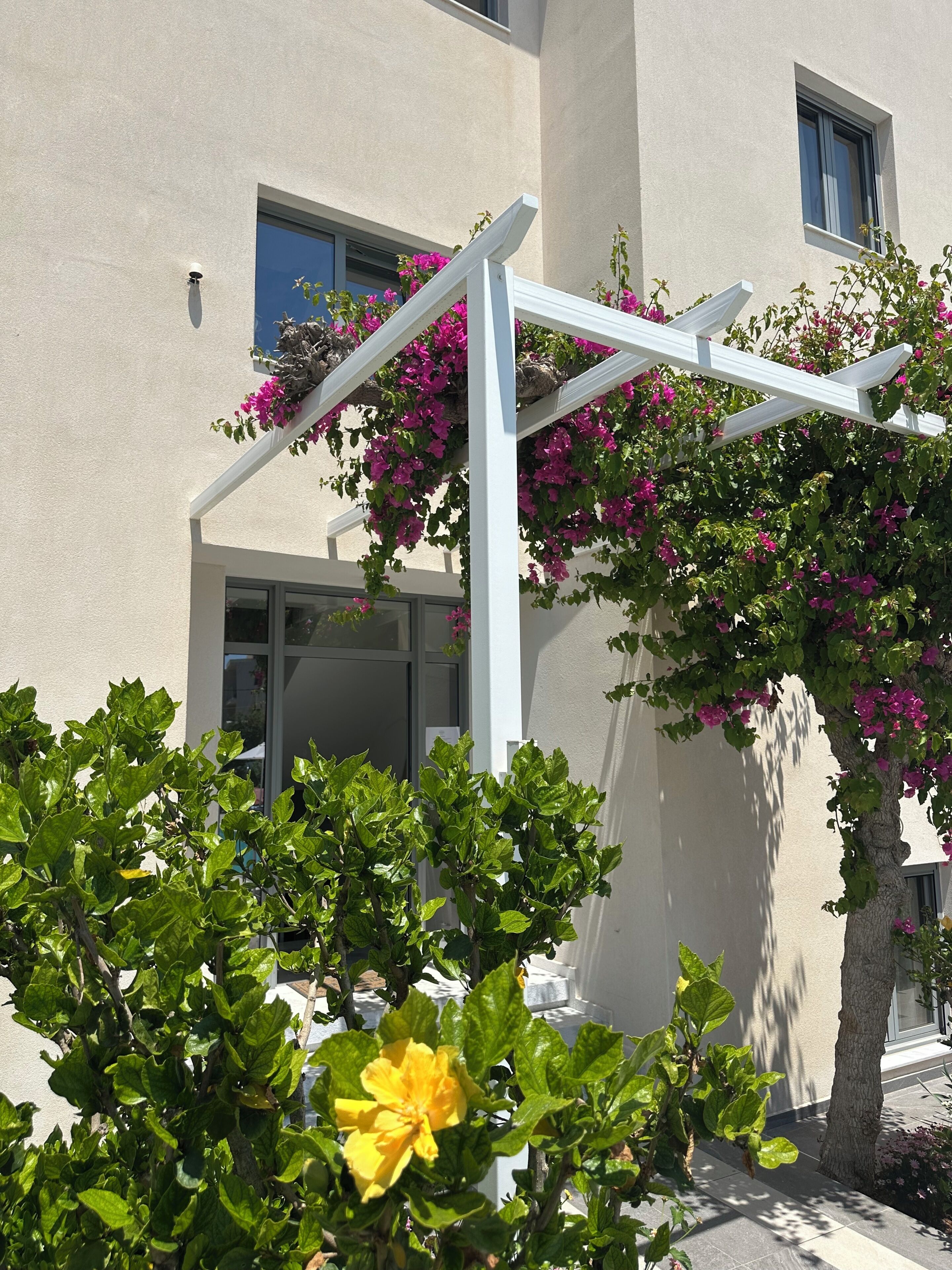 Fachada de edificio con un balcón blanco, una ventana y un árbol de flores rosadas.