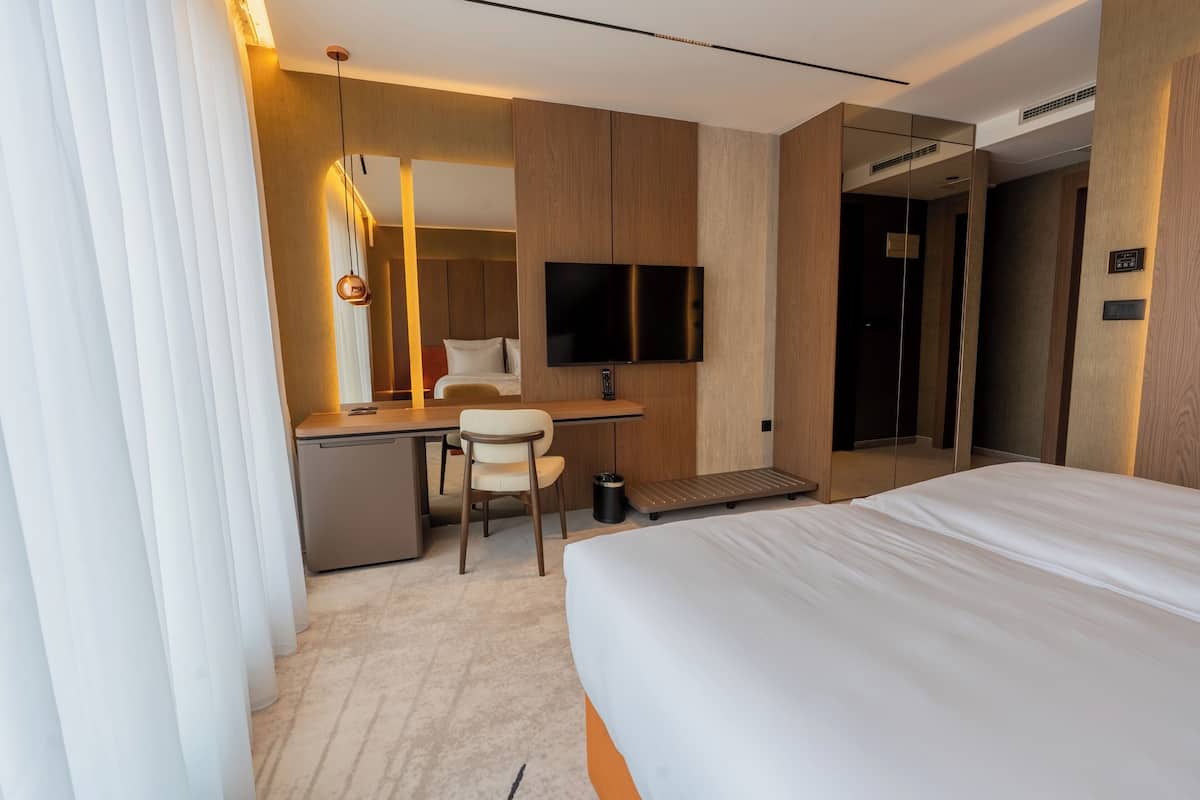 A hotel room with a bed, desk, chair, TV, and a mirror.