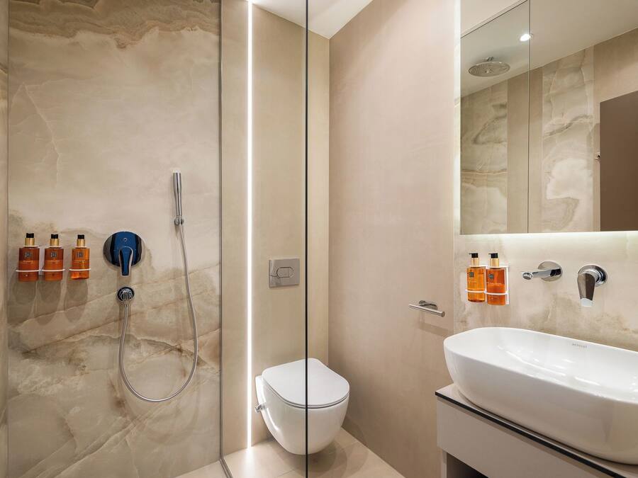 A modern bathroom with a glass-enclosed shower, a toilet, and a vanity with a sink.