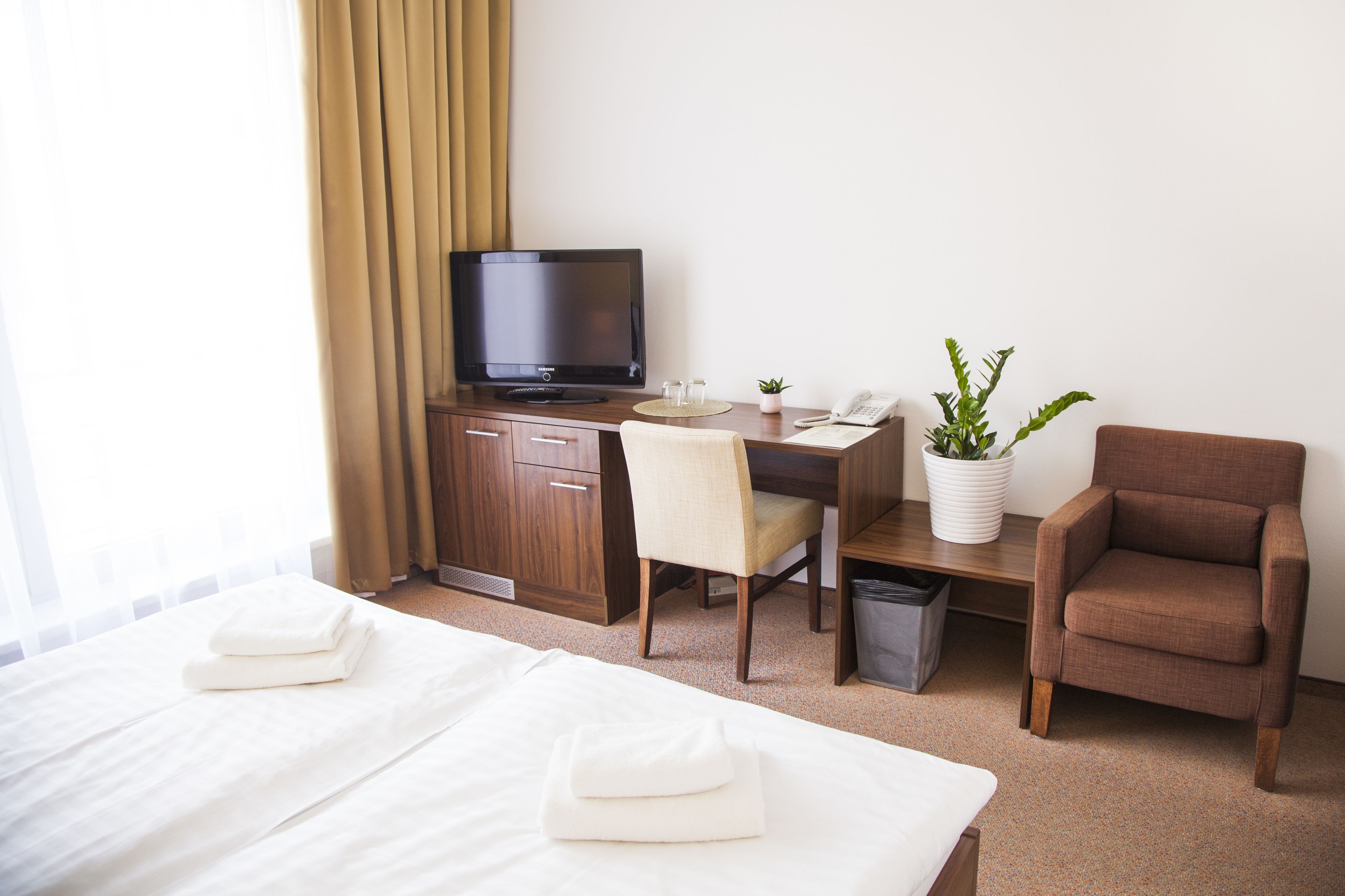 A hotel room with a bed, a desk with a computer, a chair, a potted plant, and a trash bin.